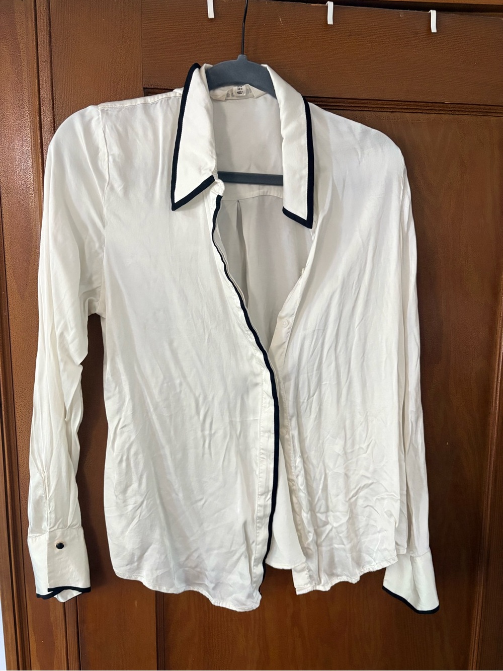 Boden White Button-Up Blouse with Navy Trim.